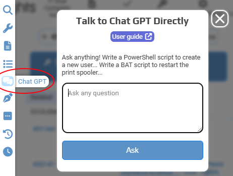 Click the chat icon in the left hand menu to talk to Chat GPT