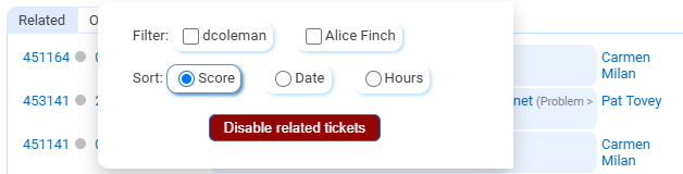 Related tickets filtering options