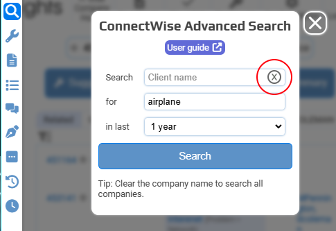 Clear the company name to search all clients