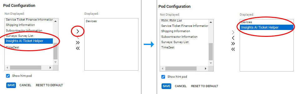 Selecting the Insights POD to show inside ConnectWise