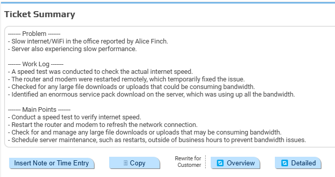 Example ticket summary display