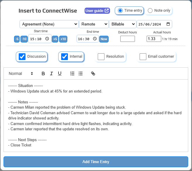 Insert Time Entries Directly into ConnectWise