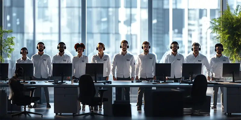 IT Support Engineers standing behind desks